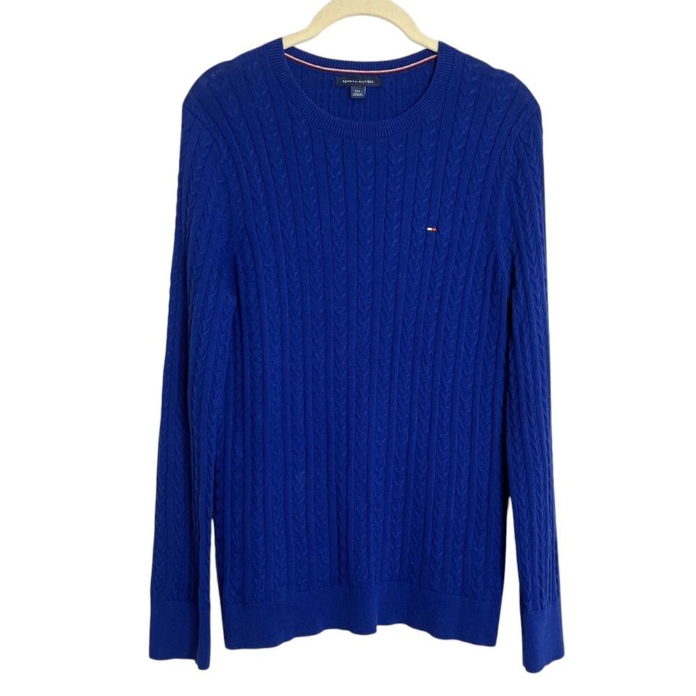 Tommy Hilfiger Womens Cable Knit Sweater Large Royal Blue Cotton Logo